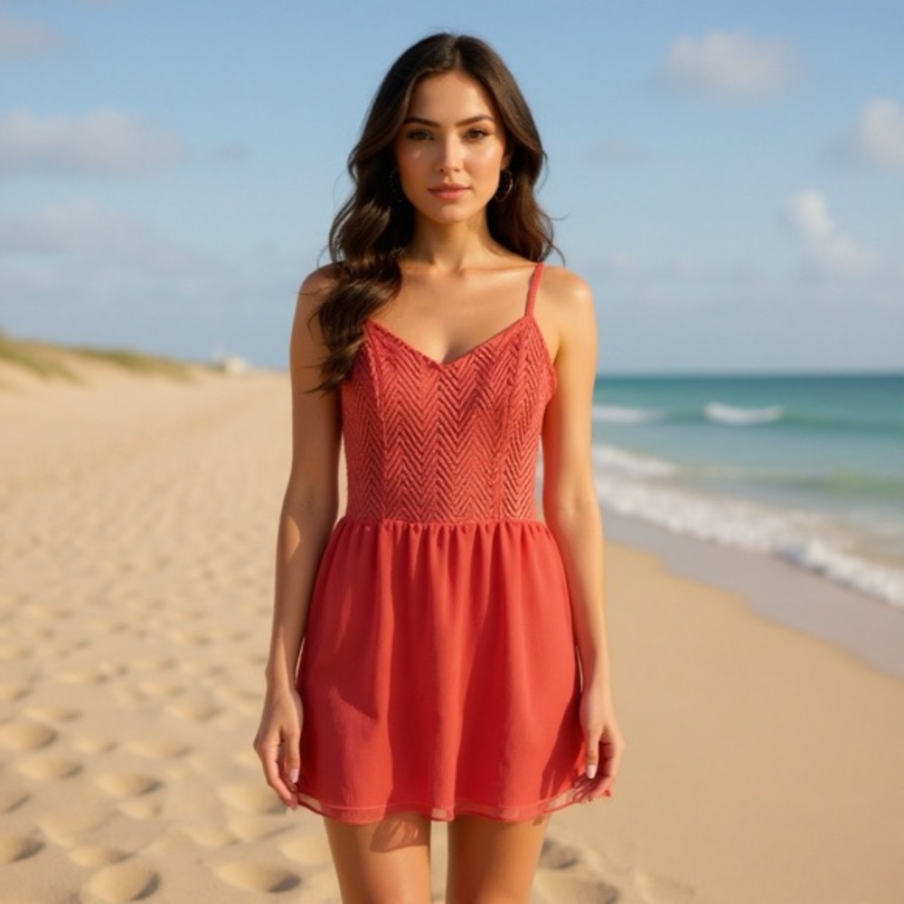 Coral Spaghetti Strap Midi Dress - Flowy with zip up back and lace top
